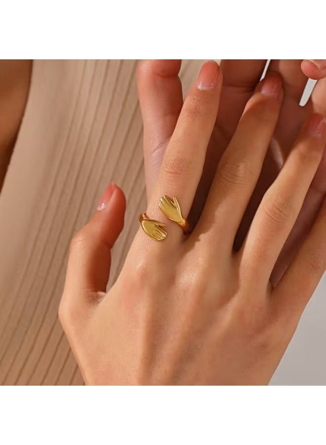 خاتم أيدي الحب المتعانقة (Hug Ring) ذهبي - تصميم مفتوح قابل للتعديل - استانلس ستيل - Image 1